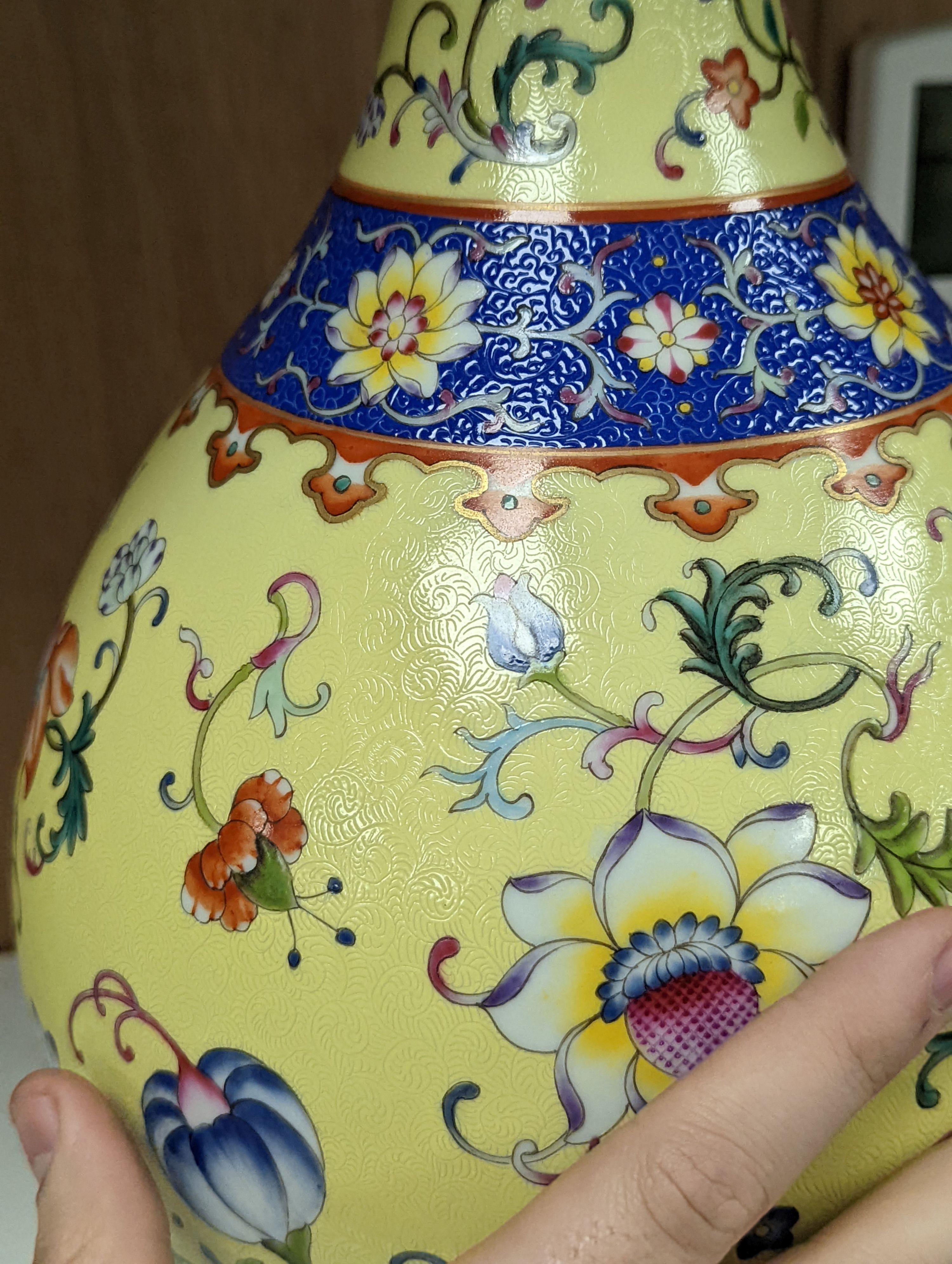 A Chinese yellow-ground porcelain pear-shaped vase, 34cm